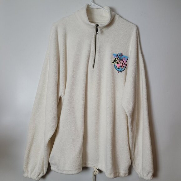 Unisex - Boston Embroidered White Pullover Sweatshirt With Drawstring Hem - Picture 1 of 7
